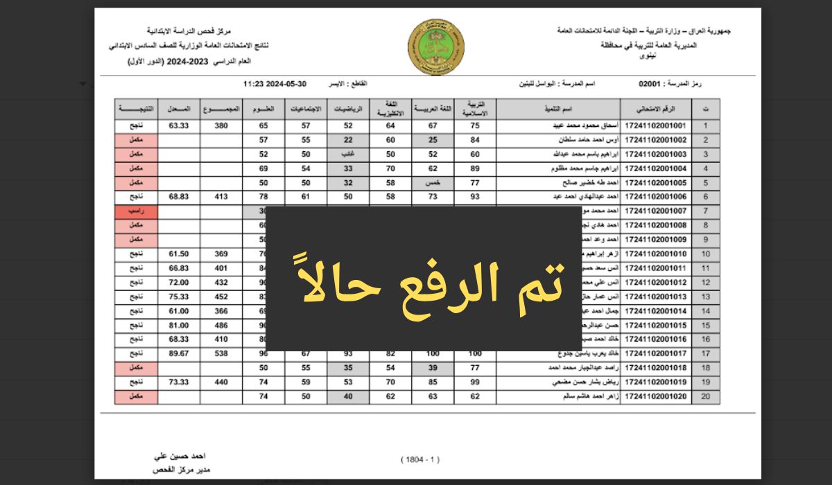 (جميع المدارس) رابط نتائج السادس الابتدائي نينوي ٢٠٢٤ دور اول PDF بالاسم وبالرقم الامتحاني