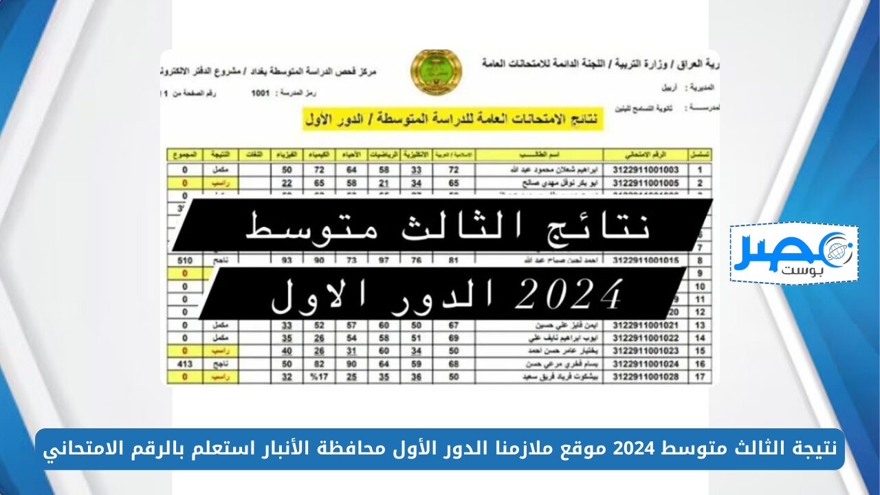 FilE PDF.. نتيجة الثالث متوسط 2024 موقع ملازمنا الدور الأول محافظة الأنبار استعلم الآن بالرقم الامتحاني mlazemna com