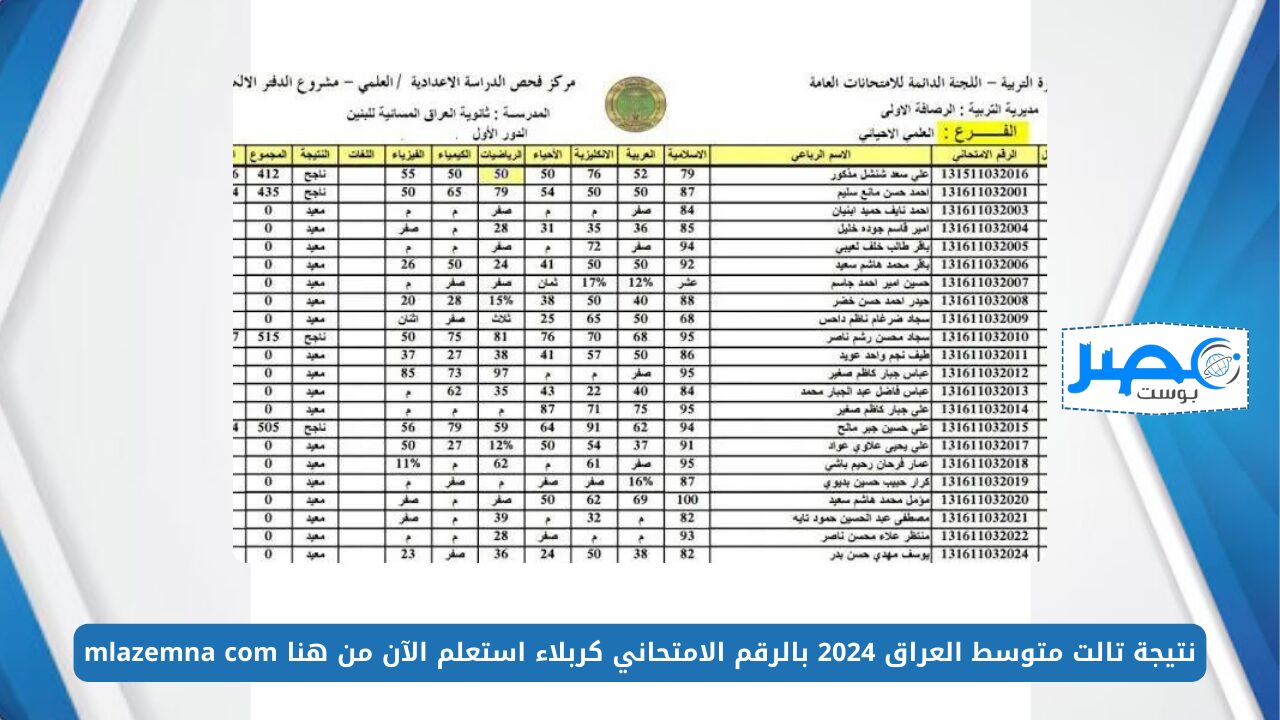 طلاب الثالث متوسط 💯 PDF ..نتيجة تالت متوسط العراق كربلاء 2024 بالرقم الامتحاني استعلم الآن من هنا mlazemna com