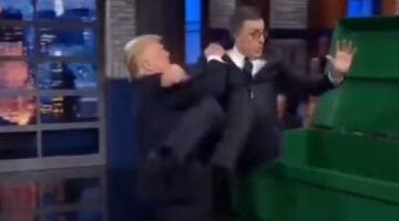 ترامب يلقى مقدم البرامج الأمريكي ستيفن كولبير في صندوق القمامة.. فيديو AI